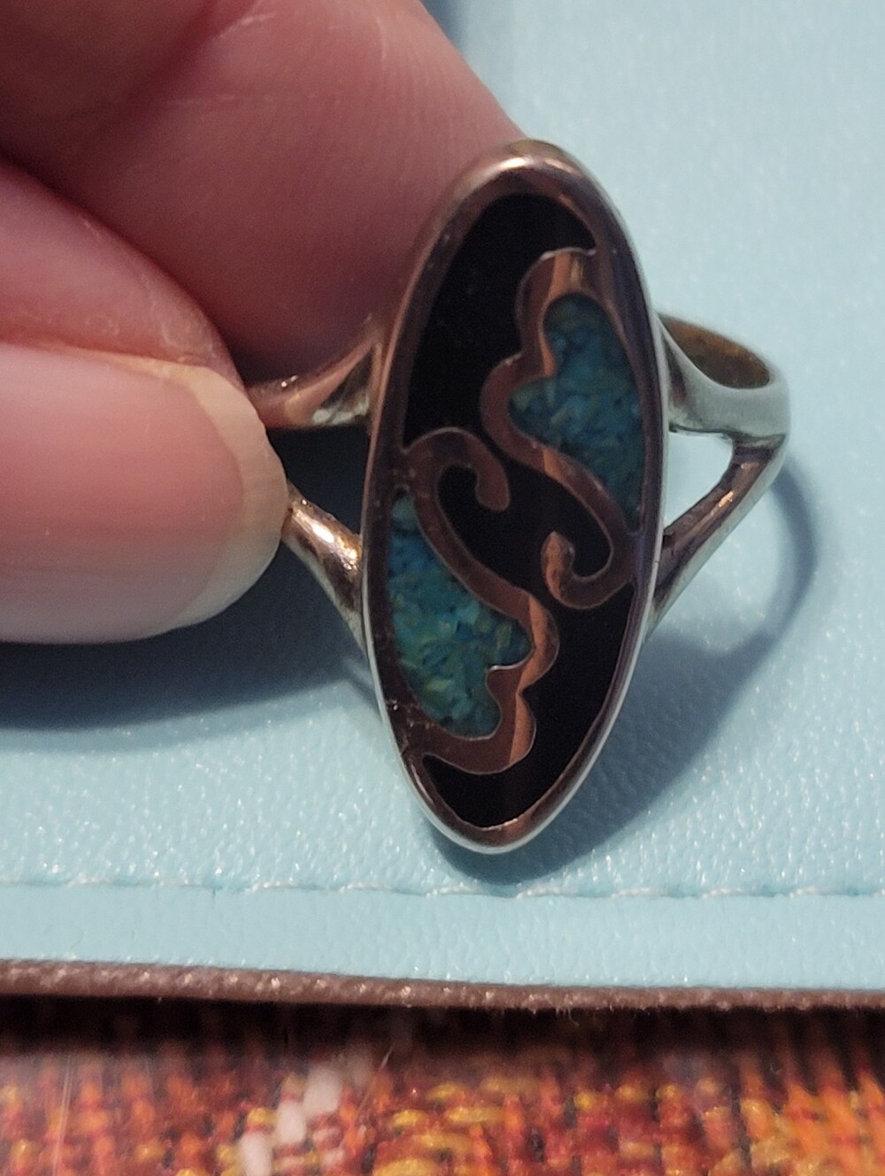 VINTAGE Silver Turquoise Inlay Oval Statement Ring S8 - Picture 4 of 6